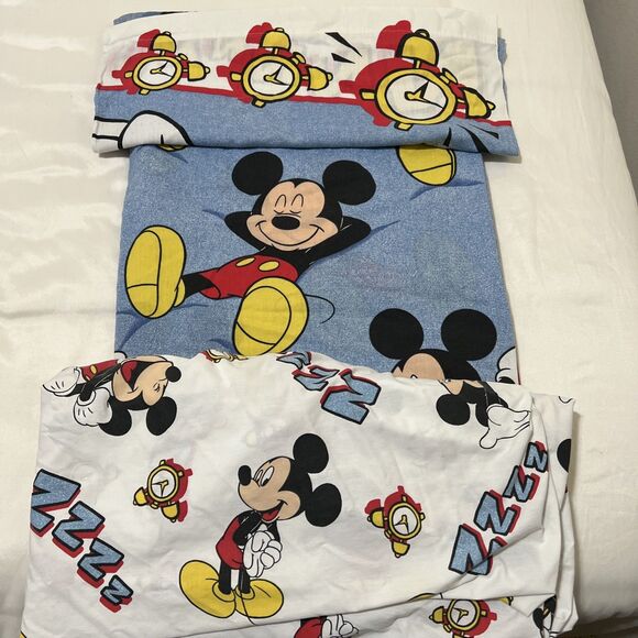 Disney Vintage Mickey Mouse Fitted & Flat Sheet And Pillow Case Alarm Clock Yawn - Picture 13 of 13